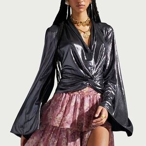 Caroline Constas Intermix “Iantha” gunmetal lame knot bell sleeve blouse top XS